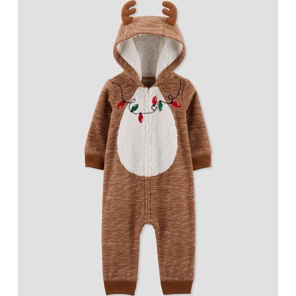 Carters Baby Reindeer Fleece Hooded Jumpsuit Brown Christmas Pajamas 6M NWT